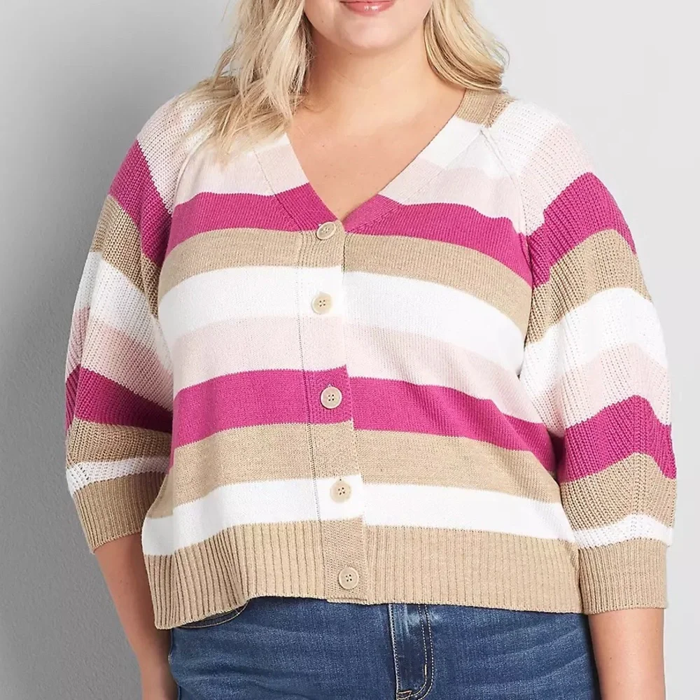 Lane Bryant Women 22/24 Stripe V-Neck 3/4 Balloon Sleeve Ribbed Cropped Cardigan